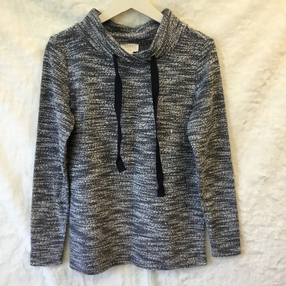 LOFT Outlet Blue Tweed Drawstring Cowl Neck Top